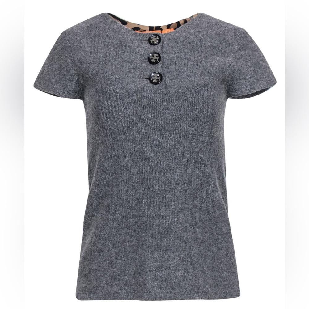 Tory Burch - Grey Short Sleeve Wool Top with Logo Buttons